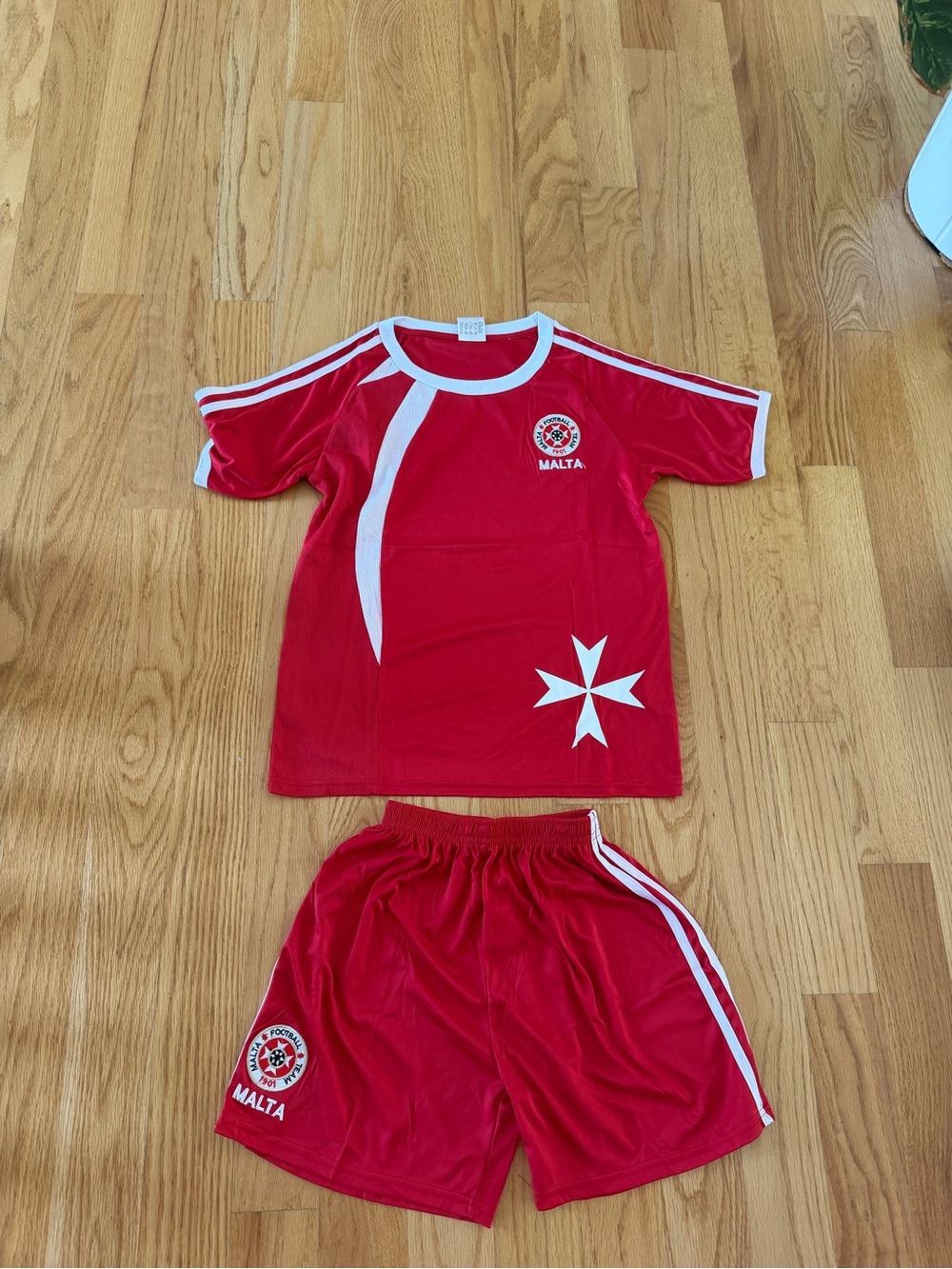 Malta Red Soccer Jersey and shorts set with White Accents